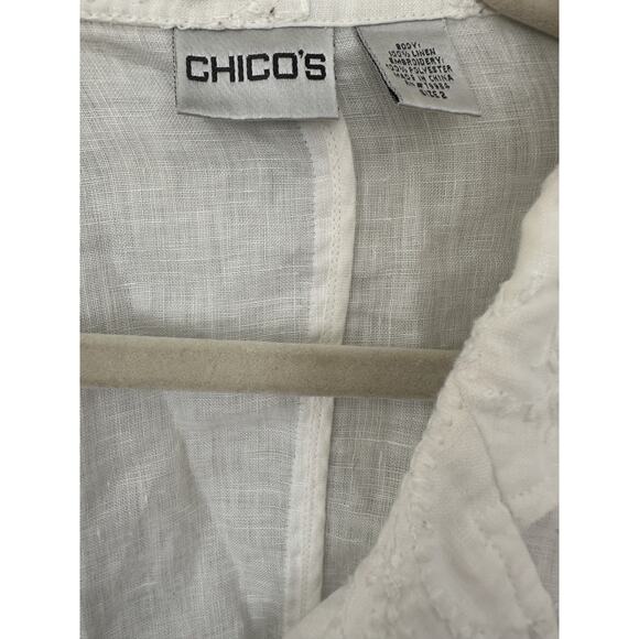 Chico’s White Linen Embroidered Button-Down Blouse Women’s 2 Boho Cottage Top - Picture 4 of 10